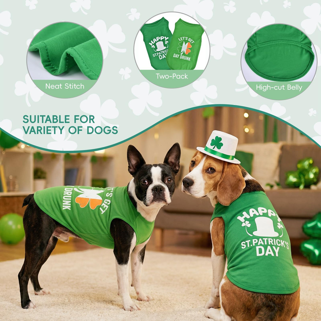 Vehomy 2-Pack st Patricks Day Dog Shirt Irish Holiday Green Dog Shirts with Shamrock Patterns Pet Saint Patricks Clover Clothes Outfit Sleeveless T-Shirt for Small Medium Large Dogs 4XL