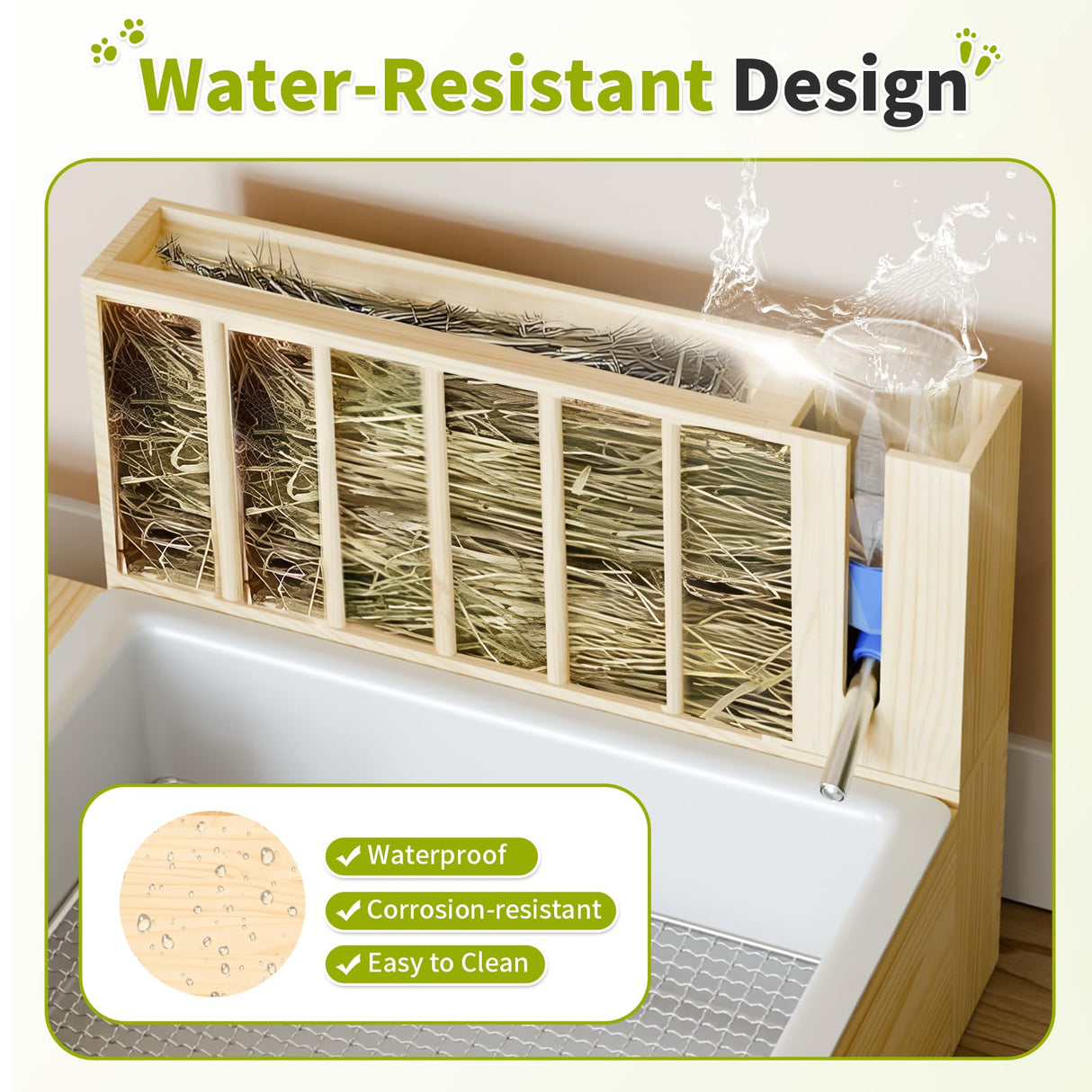 Chloraeon 4-in-1 Waterproof Wooden Rabbit Litter Box with Hay Feeder, 2 Food Bowls, and Water Bottle | Large Capacity, Waste-Preventing Design for Rabbits, Guinea Pigs, Chinchillas, and Small Animals