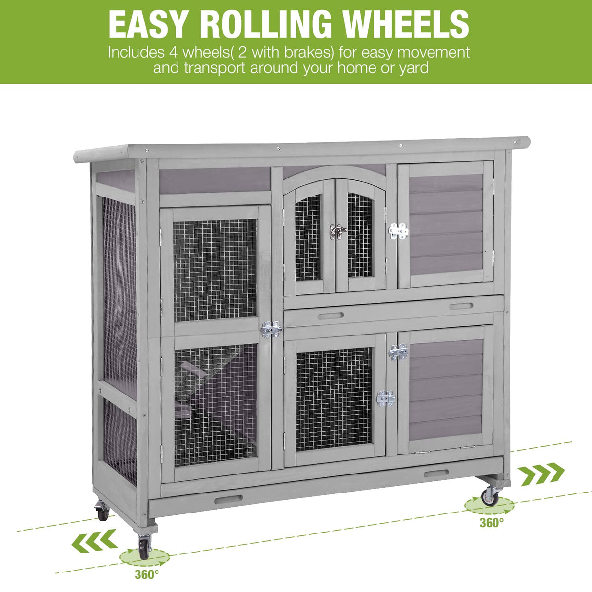 GUTINNEEN Rabbit Hutch Indoor Outdoor Bunny House Guinea Pig Cage on Wheel with Plastic Tray