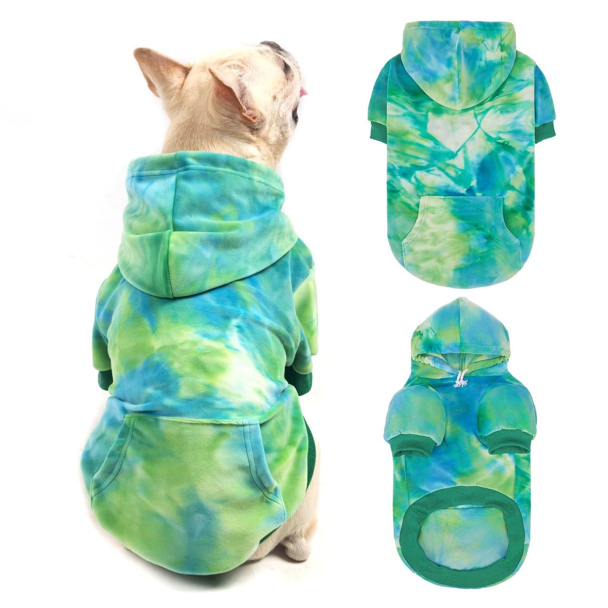 PAWCHIE Dog Hoodie for Small Dogs,Tie Dye Dog Cloth with Leash Hole,Puppy Sweatshirt, Pet Outfit, Cat Apparel,Blue Green,M