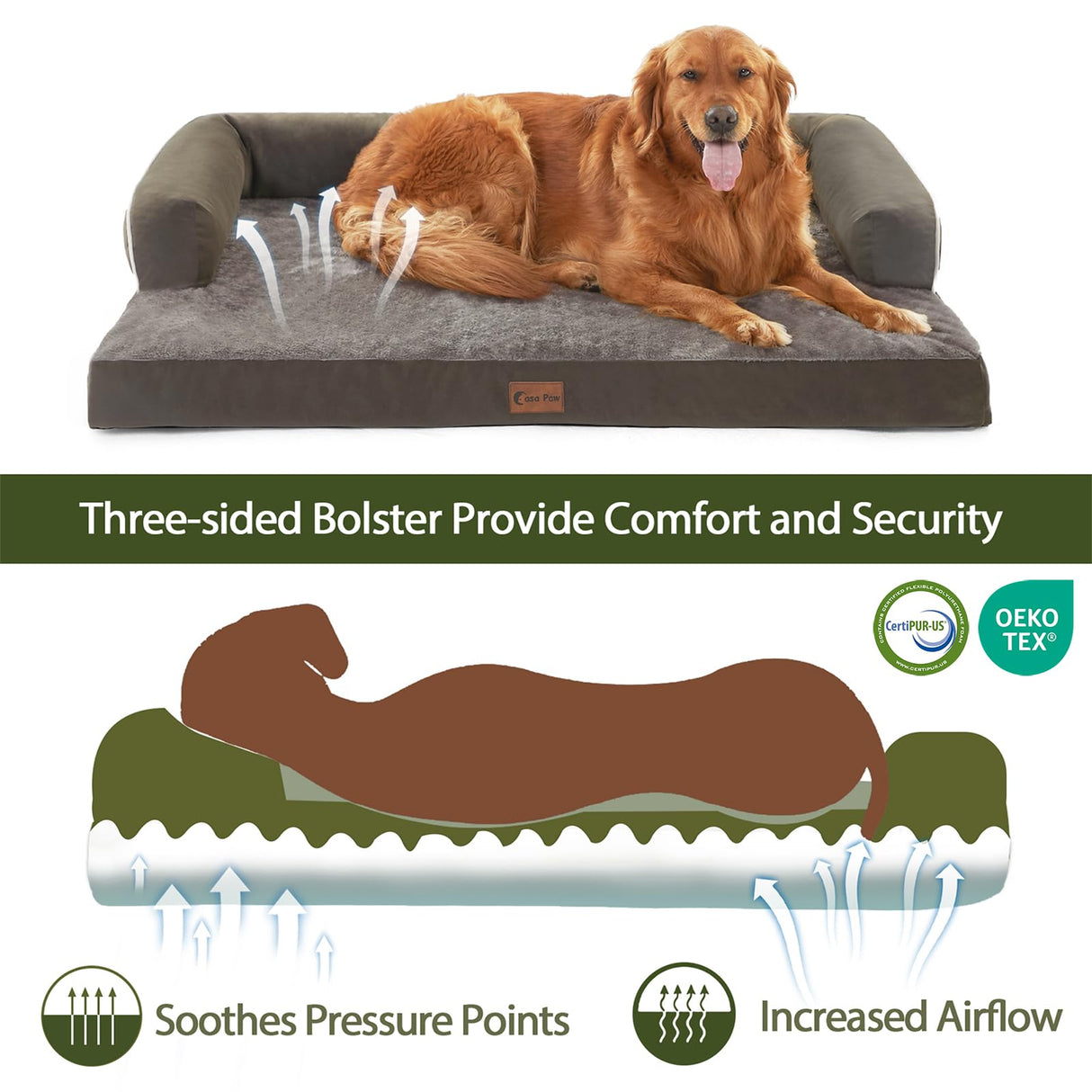 Casa Paw Orthopedic Dog Beds for Large Sized Dogs, Waterproof Egg Crate Foam Large Dog Couch Beds with Comfy Bolster 36x27Inch, Washable Pet Beds with Removable Cover and Nonskid Bottom, Dark Green