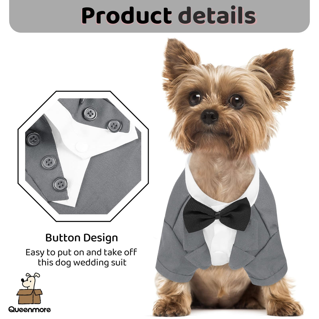 Queenmore Dog Tuxedo, Formal Outfit for Wedding & Halloween - Pet Tuxedo with Tie for Large, Medium & Small Dogs, Puppy & Cats (Grey, S)