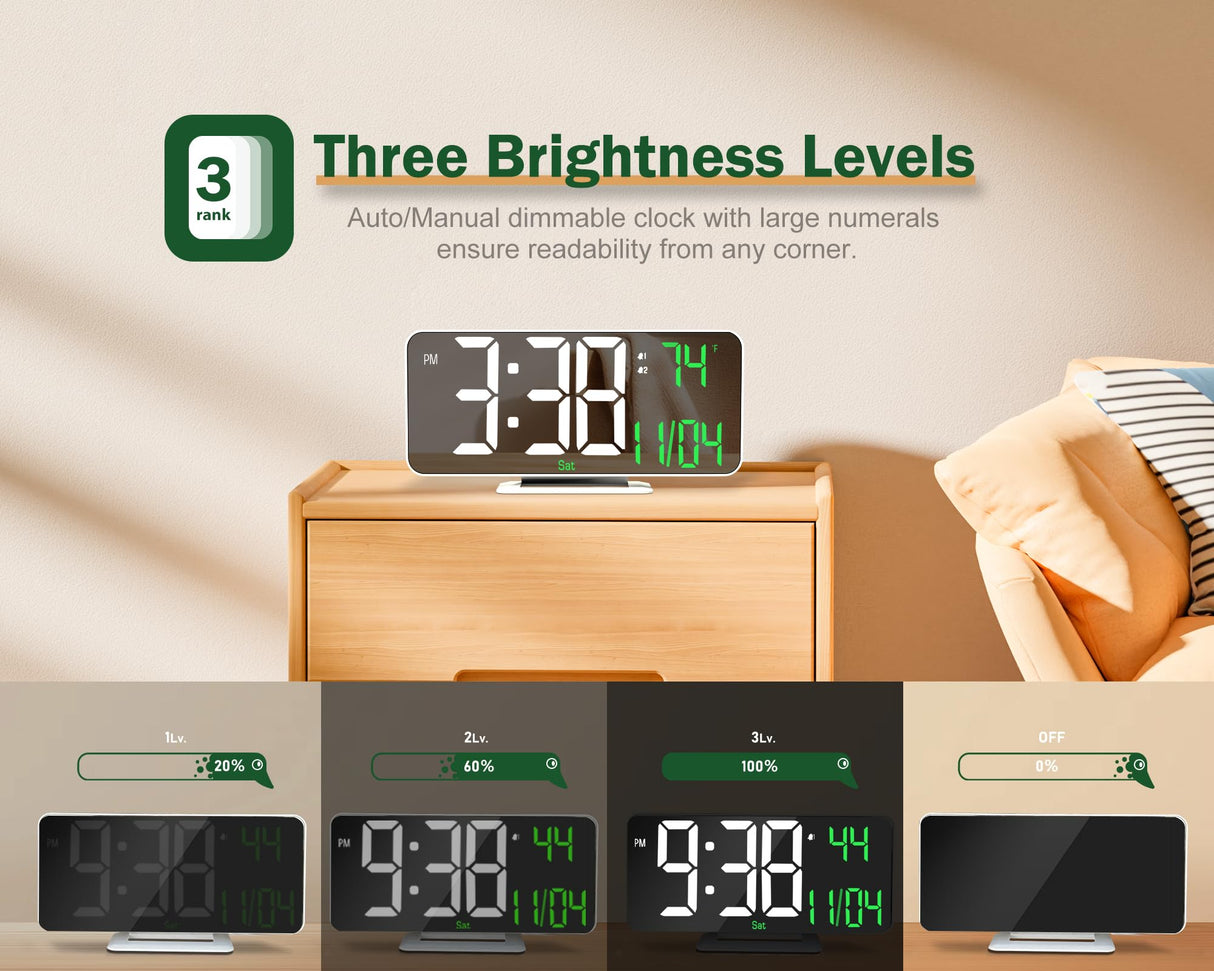 Neasroe Digital Alarm Clock, 6.7" Mirror Clocks Large Numbers LED Display for Bedrooms - Auto Dimmer, Time and Date, Room Temperature, Snooze, 12/24 Hour for Teens, Elderly, USB Powered(White)