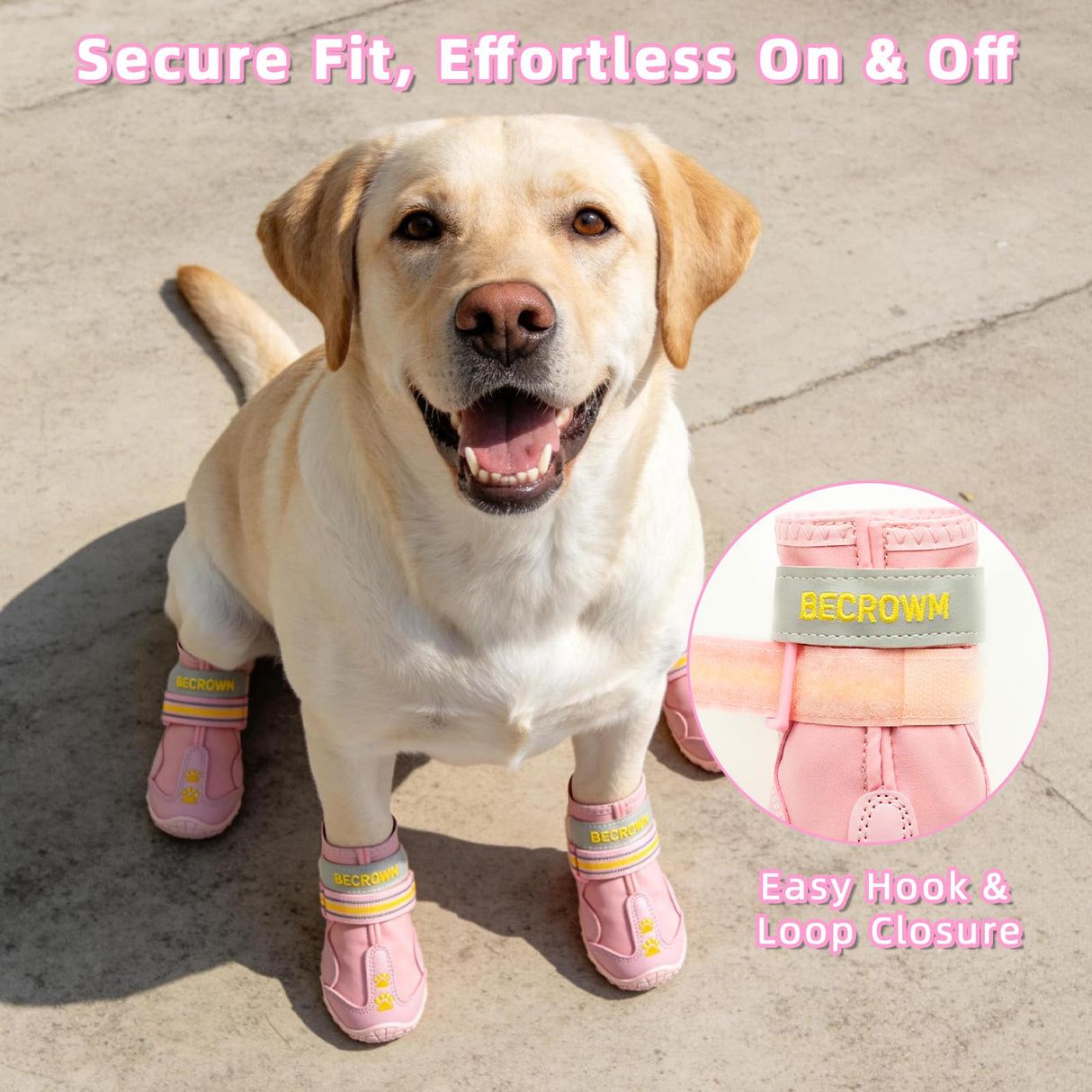 BECROWM Waterproof Dog Boots-Anti-Slip Dog Shoes with Paw Embroidery,Reflective Straps,for Rainy/Snowy/Muddy Days,Outdoor Walking (Pink, #4 (width2.36inch) for 33-44 lbs)