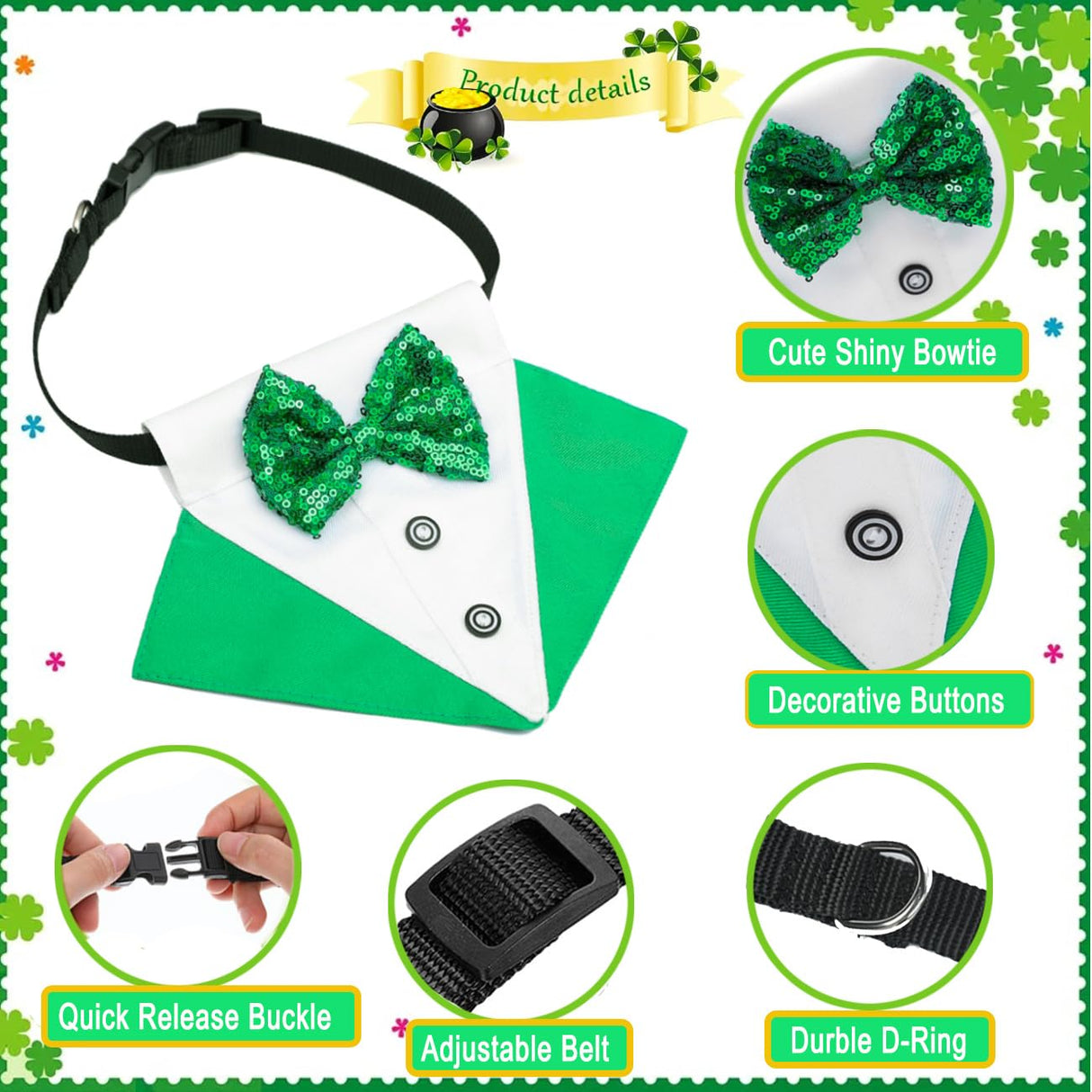 3PCS St. Patrick's Day Pet Costume Dog Top Hat Irish Tuxedo Bandana Green Collar Scarf Shamrock Sunglasses Kit Leprechaun Outfits for Medium Large Dogs Irish Party Lucky Dress Up Accessories