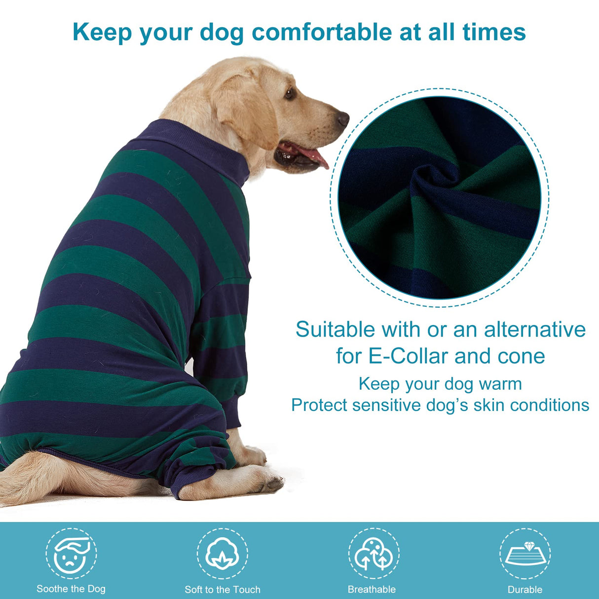 LovinPet Large Dog Pajamas Bodysuit, Lightweight Stretchy Knit Pullover Dog Onesie, Pet Pajamas for Dogs, Green and Black Stripe Print Dog Shirt, UV Protection, Stop Shedding for Dogs, Pet PJ's, 2XL