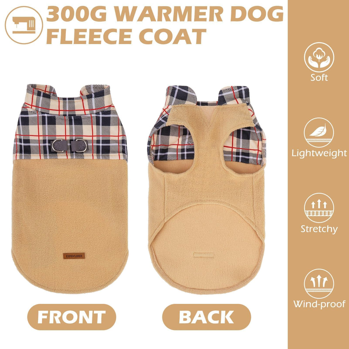 EXPAWLORER Fleece Dog Sweater - Classic Plaid Dog Jacket, Winter Coat Vest with 2 D-Rings for Leash, Pet Cold Weather Clothes, Sweatershirt for Boys or Girls
