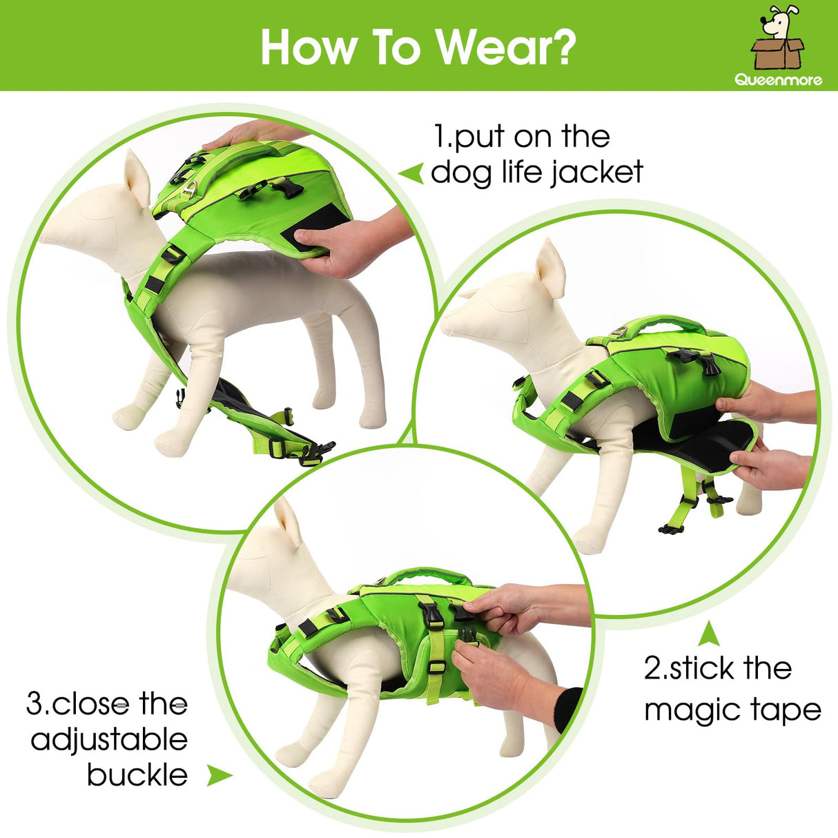 Queenmore Small Dog Life Jacket,Small Dog Life Vest for Swimming,Adjustable Reflective Dogs Swimming Vest,High Buoyancy Dogs Lifesaver,Pet Life Preserver(Green,S)