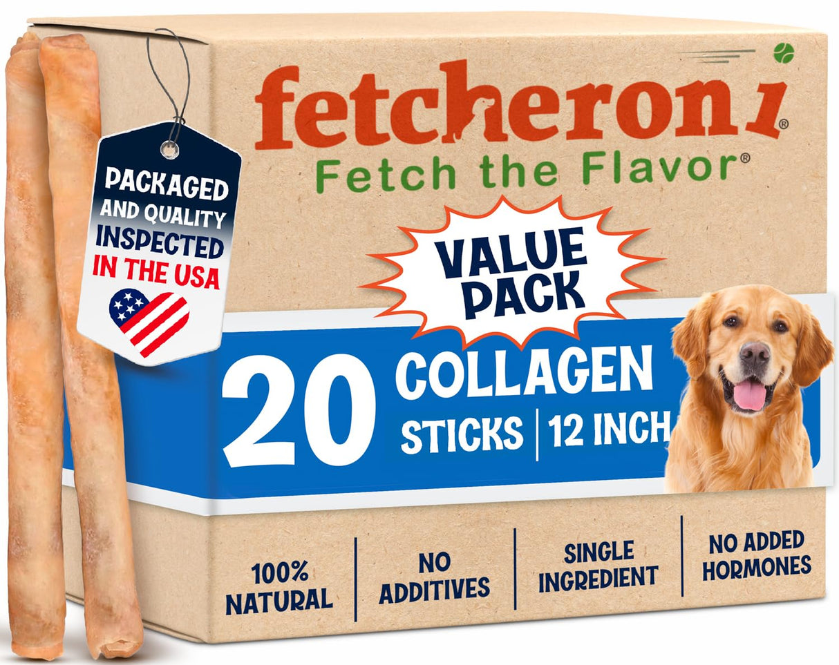 Fetcheroni 12" Collagen Sticks for Dogs – Low Odor Long-Lasting Bully Stick & Rawhide Alternative, Single Ingredient Beef Bone, High Protein Dental Treat, Vet Approved, Improves Joint Health – 20 Pack