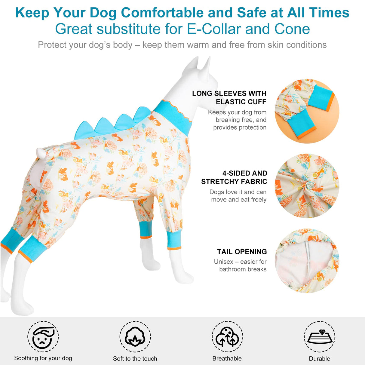 LovinPet Big Dog Jammies, Large Dog Pajamas, Anti Licking Shirt Lightweight Coral Peach Print, UV Protection Shirt, Easy to Wear Adorable Dog Onesie,Blue, Medium