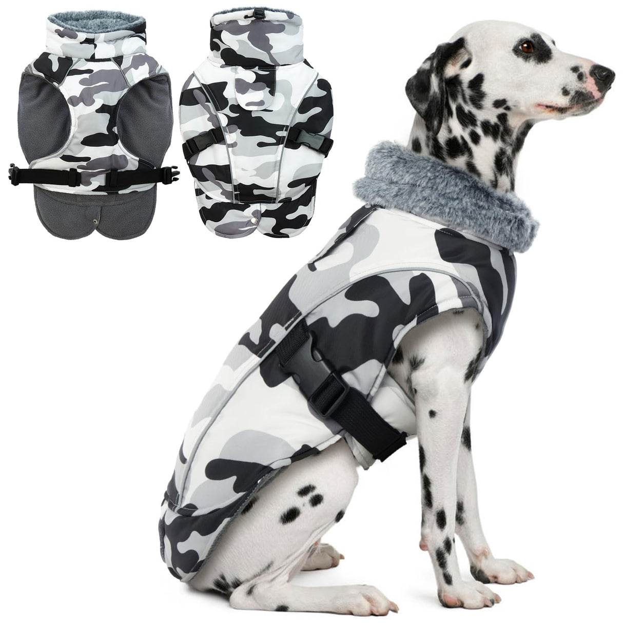 DENTRUN Extra Large Warm Dog Jacket - Windproof Water Repellent Reflective Coat, Adjustable Plush Turtleneck, Easy Wear Fleece Lined Cold Weather Vest for Great Dane, White Camo, XXXL