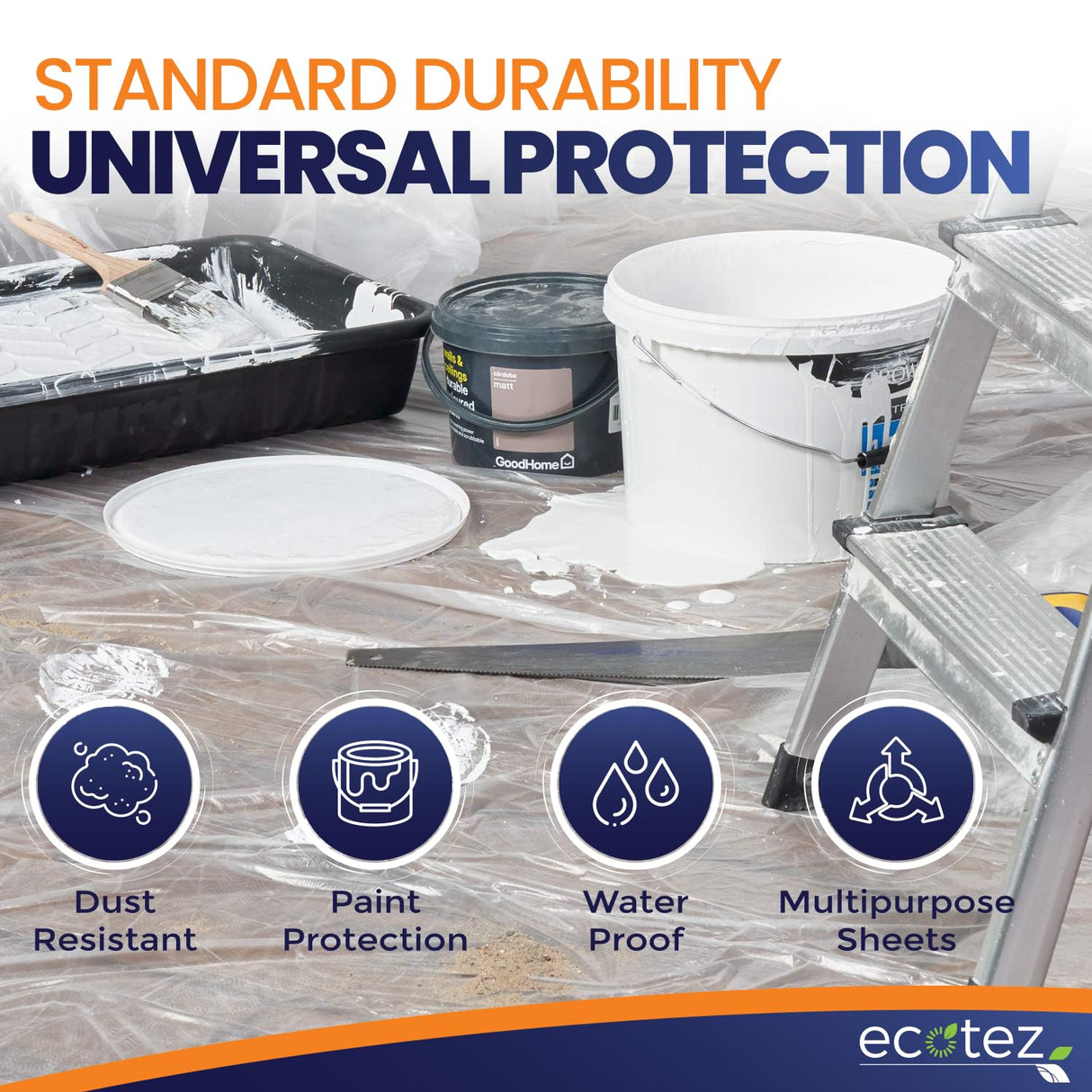 Ecotez 6 Pack 12 x 9 ft Extra Large Plastic Drop Cloth for Painting - Light & Durable Tarp Cover for Furniture - Plastic Clear Tarp Waterproof - Paint Floor Covering - Painters Drop Cloth Sheeting