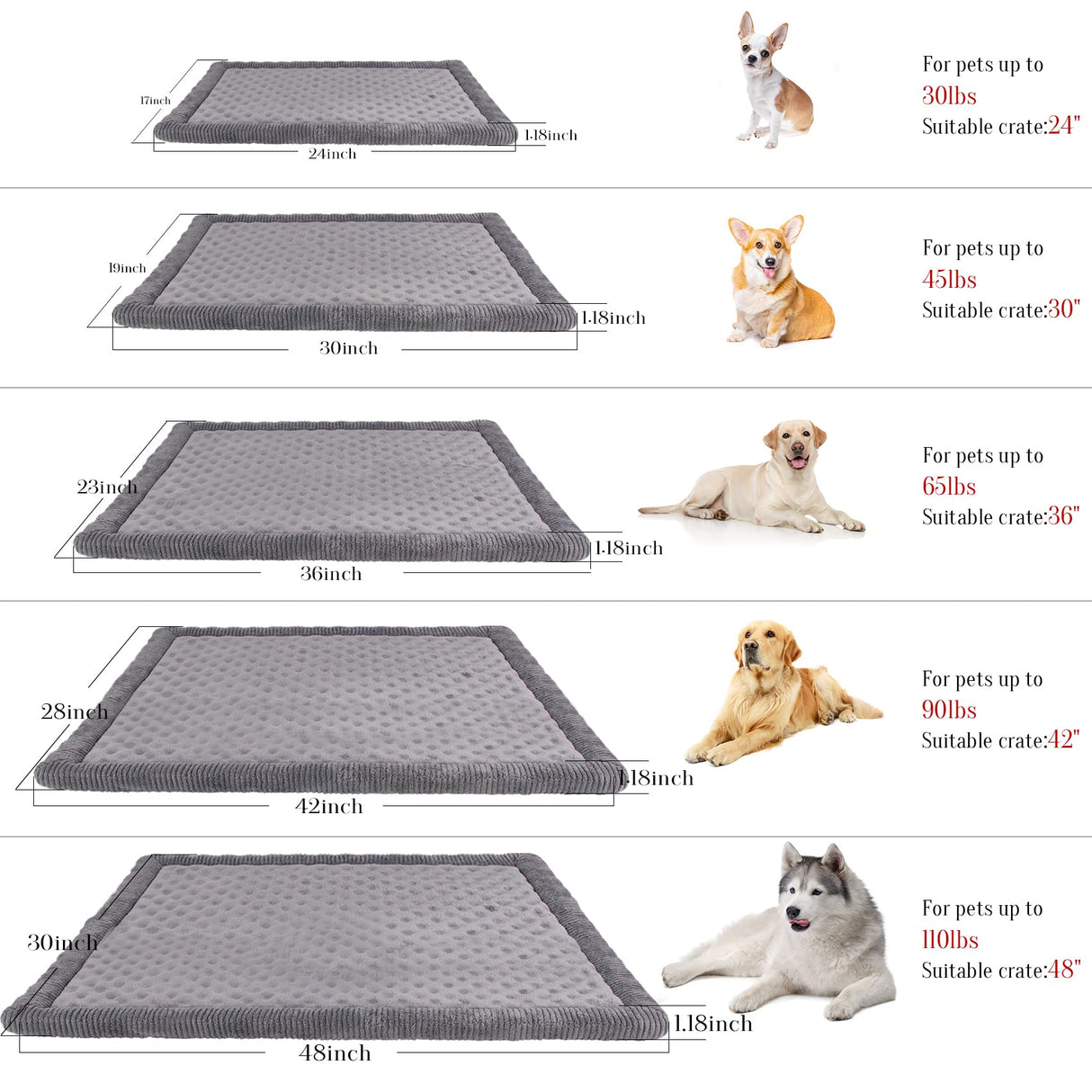 Large Dog Crate Pad 36 inch Gray Memory Foam Dog Kennel Bed Soft Flannel Washable Anti Slip Puppy Sleeping Mat,Grey