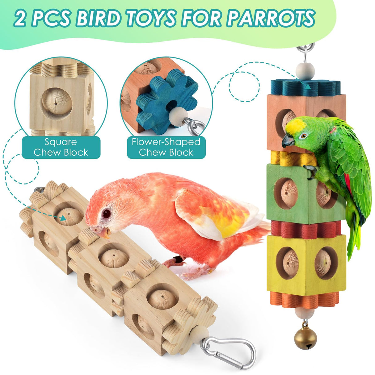 DBNESS 2Pcs Bird Chew Toys for Beak Grinding, Hanging Rotating Wood Block with Bell Parrot Foraging Enrichment Toy for Small to Medium Cocktiel, Conure, Caique