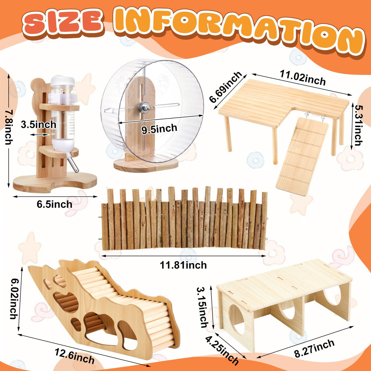 Sonwyoung 6 Pcs Hamster Toys Set, Maze Wood House, Climbing Ladder Wooden Bridge Tunnel Toy Platform Silent Exercise Running Wheels and Water Bottle Set for Rat Guinea Pig Habitat Cage(Basic)