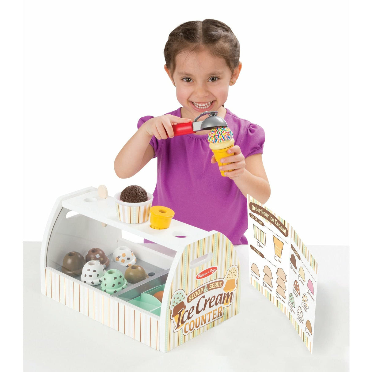 Melissa & Doug Wooden Scoop and Serve Ice Cream Counter (28 pcs) - Play Food and Accessories - Pretend Food Toys, Ice Cream Shop Toys For Kids Ages 3+