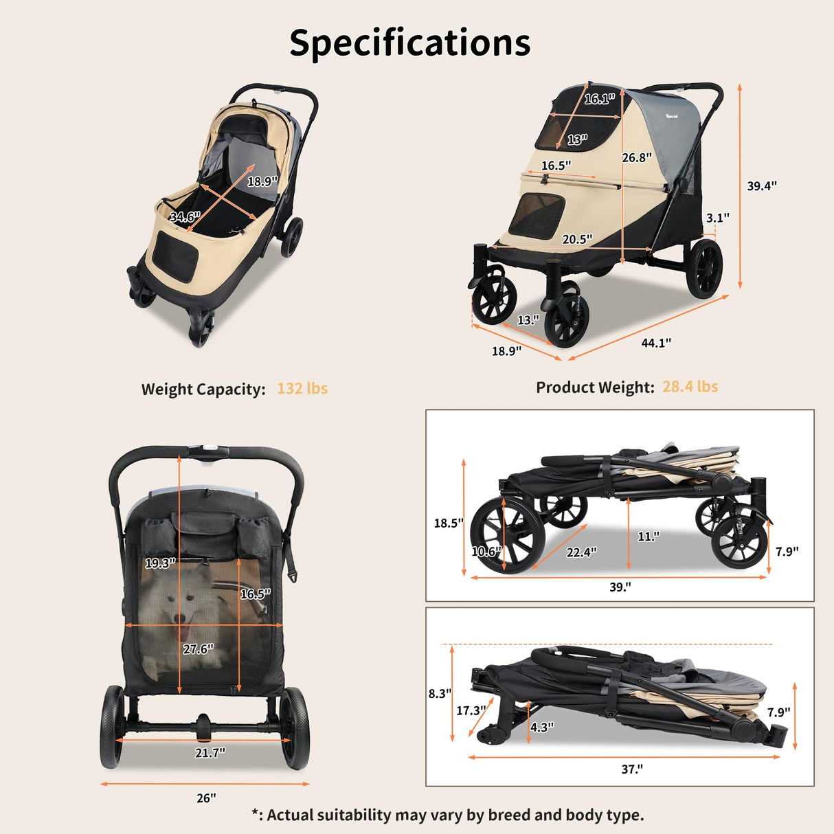Dog Stroller for Medium/Large Dogs One-Click Folding 4 Wheel Pet Foldable Dog Stroller for 2 Dogs Jogger with Storage Pocket Suitable for Pets Up to 110LBS