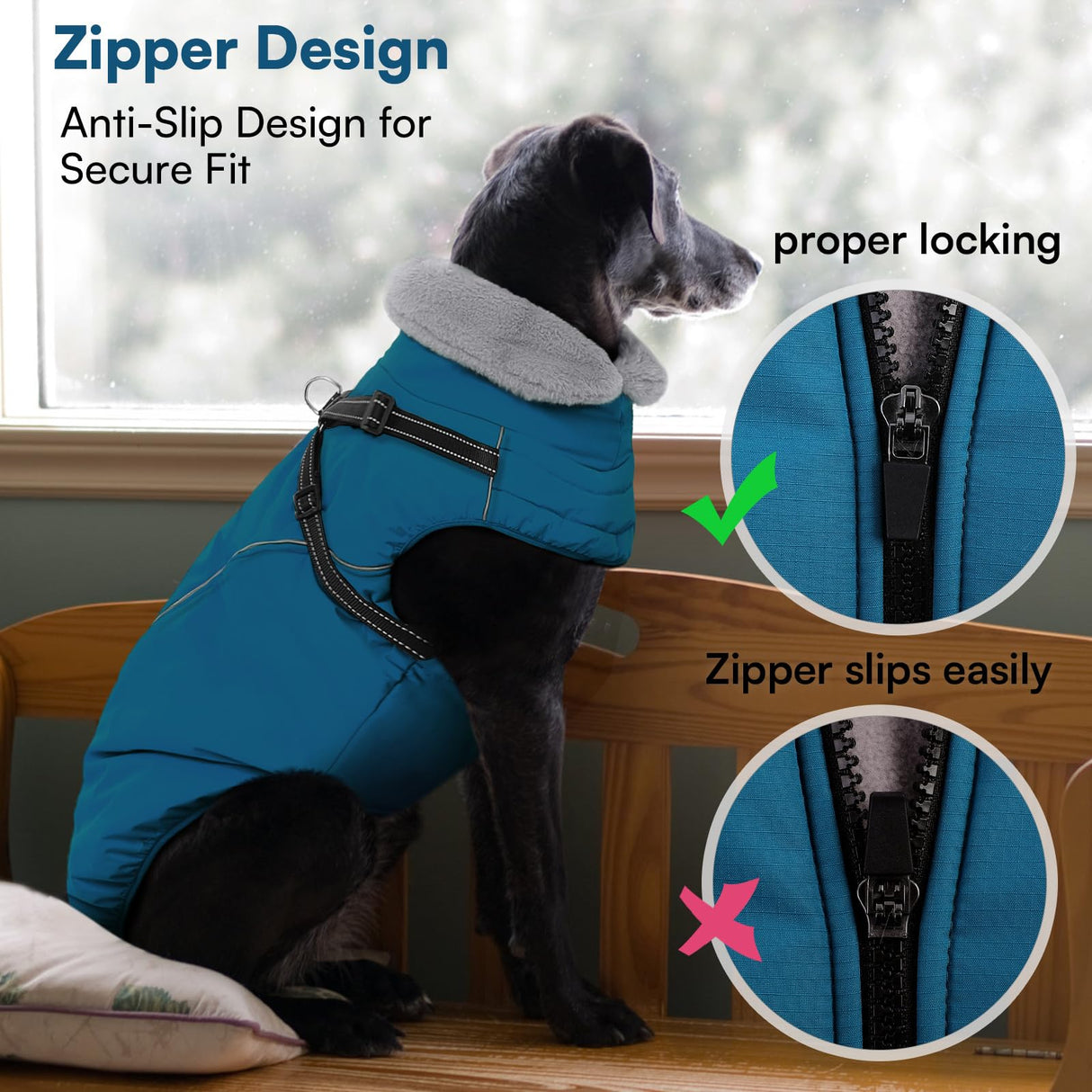 Queenmore Dog Coat,Windproof Dog Coat for Medium Dogs,Dogs Jackets with Harness Built in,Waterproof Doggy Coats with Zipper On Back,Reflective Cold Weather Coats for Dachshund,Boston Terrier,Blue,M