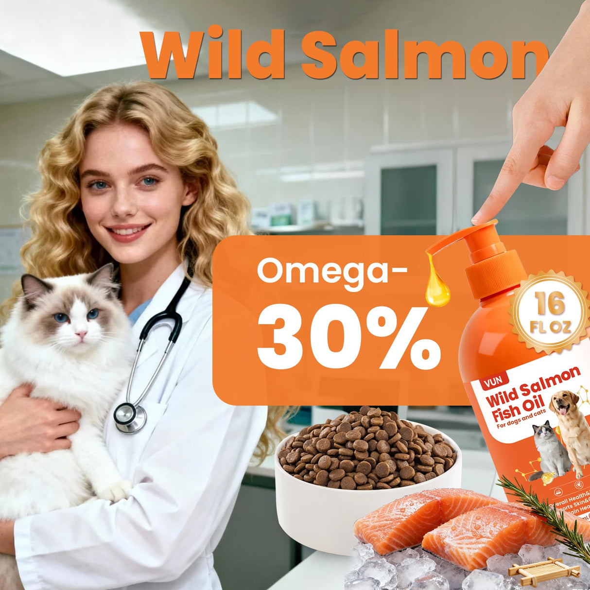 VUN Salmon Fish Oil for Dogs & Cats,Omega 3 Fish Oil Supplement for Itchy Dry Skin Coat,Allergy Relief,Joints&Paws,Brain,Eyes&Heart Treatment,Wild Liquid Fish Oil for Dogs by Pump with EPA DHA–16 oz