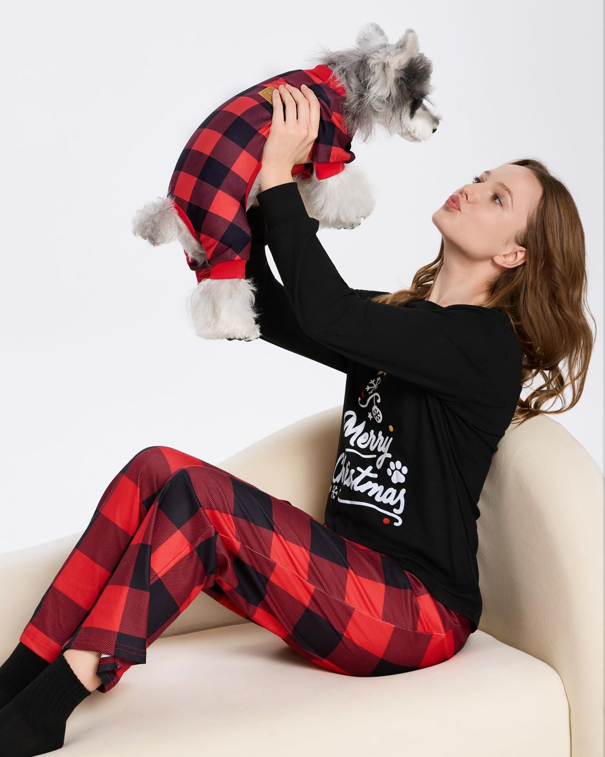 XPUDAC Christmas Matching Dog and Owner Pajamas Set Christmas Pajamas for Women Long Sleeve Sleepwear Long Pants Loungewear Soft Holiday Pjs Set, 3XL Red Black