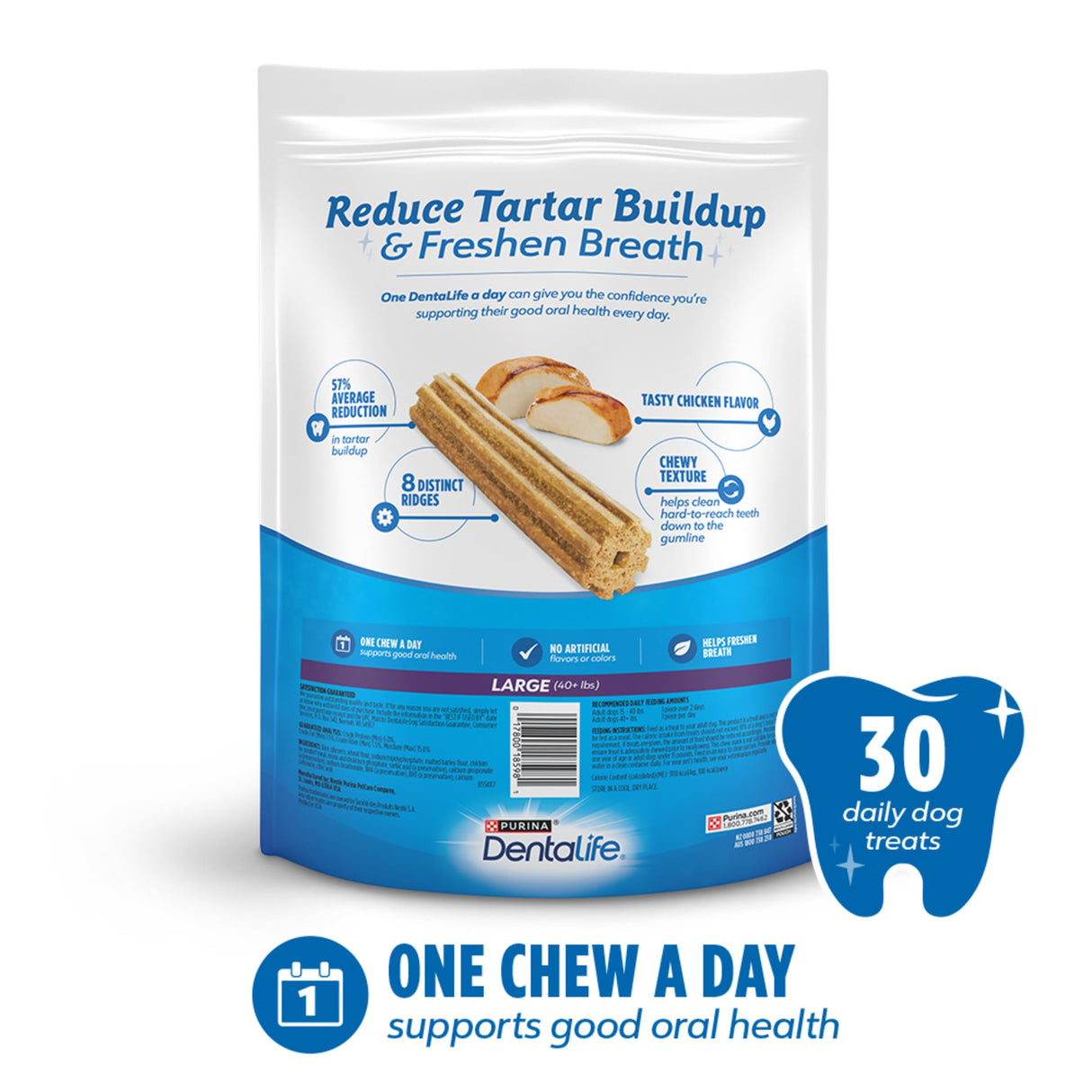 DentaLife Daily Oral Care Dog Treats for Large Dogs, Chewy Dental Treat to Freshen Breath and Fight Tartar, Chicken Flavor - 30 ct. Pouch