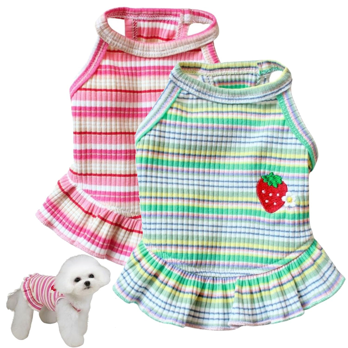 2PCS Charming Striped Dog Dress with Strawberry Patch & Lace Trim, Soft Elastic Cotton Clothes in Pink & Green, Perfect Outfit for Small Dogs, Puppies & Cats(2PCS A,XL)