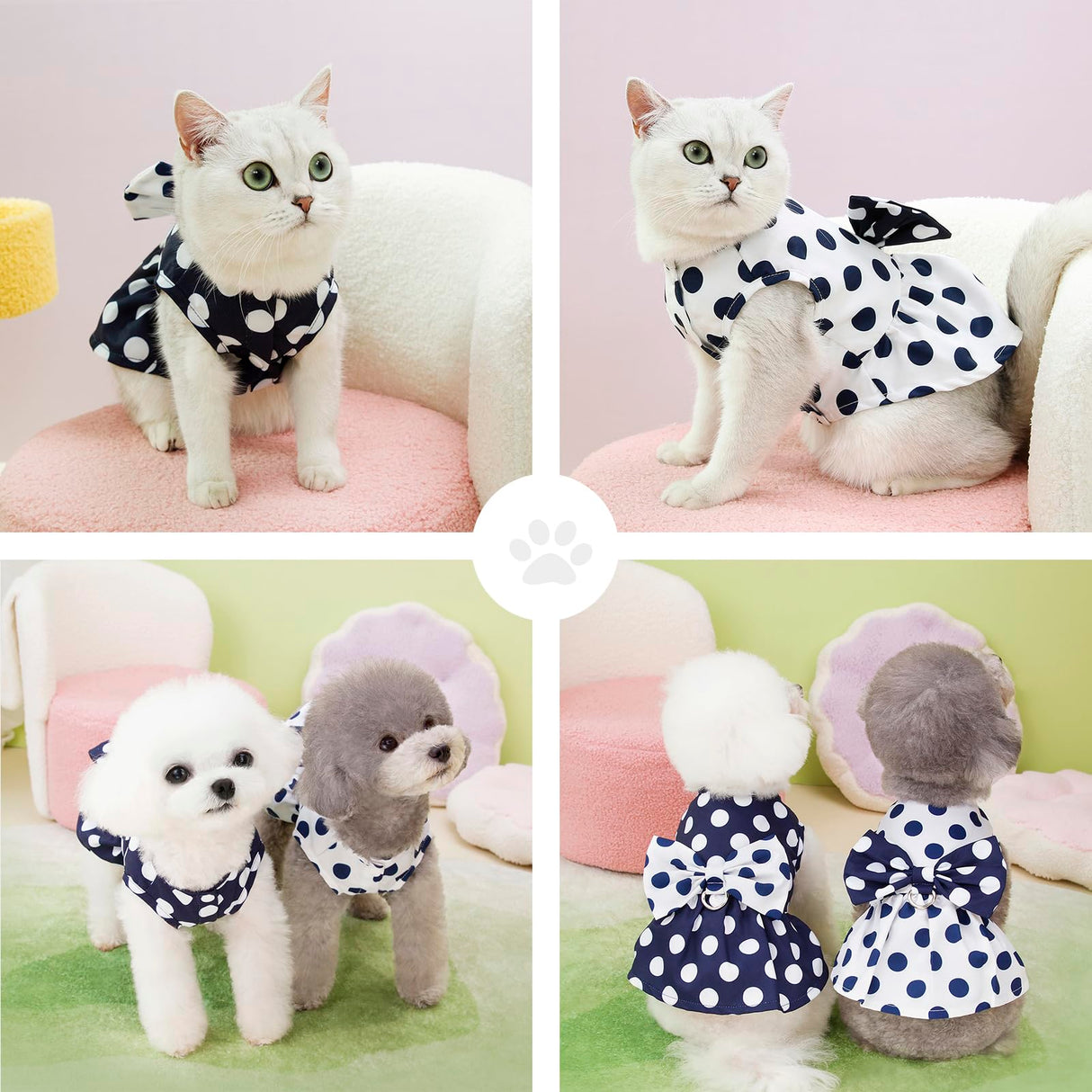 PAIDEFUL Dog Harness Dress,Retro Bow Princess Dresses for Small Dogs Cats Fashion Polka Dot Puppy Pleated Skirt Soft Lightweight Doggy Sundress Button up Chihuahua Clothes Costume D-Ring,Blue,M