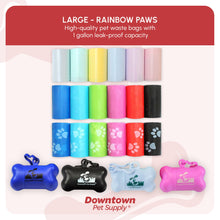 Load image into Gallery viewer, Downtown Pet Supply Poop Bags for Dogs with Dispenser, 1000 Count - Leak-Proof Dog Waste Bags and Bone-Shaped Dog Poop Bags Holder for Leash - Rainbow with Paw Prints, 12.5" x 8.5"
