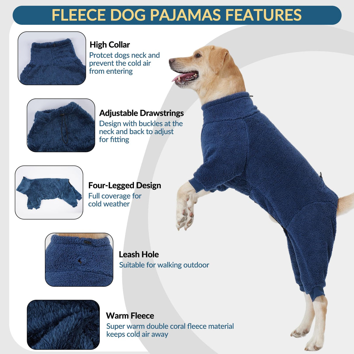 ROZKITCH Warm Dog Pajamas for Large Dogs, Windproof Full Coverage Pet Pjs, Soft Fleece Jacket with Full Coverage, Pullover Winter Coat with Super Warm Jump Suit Blue XXL
