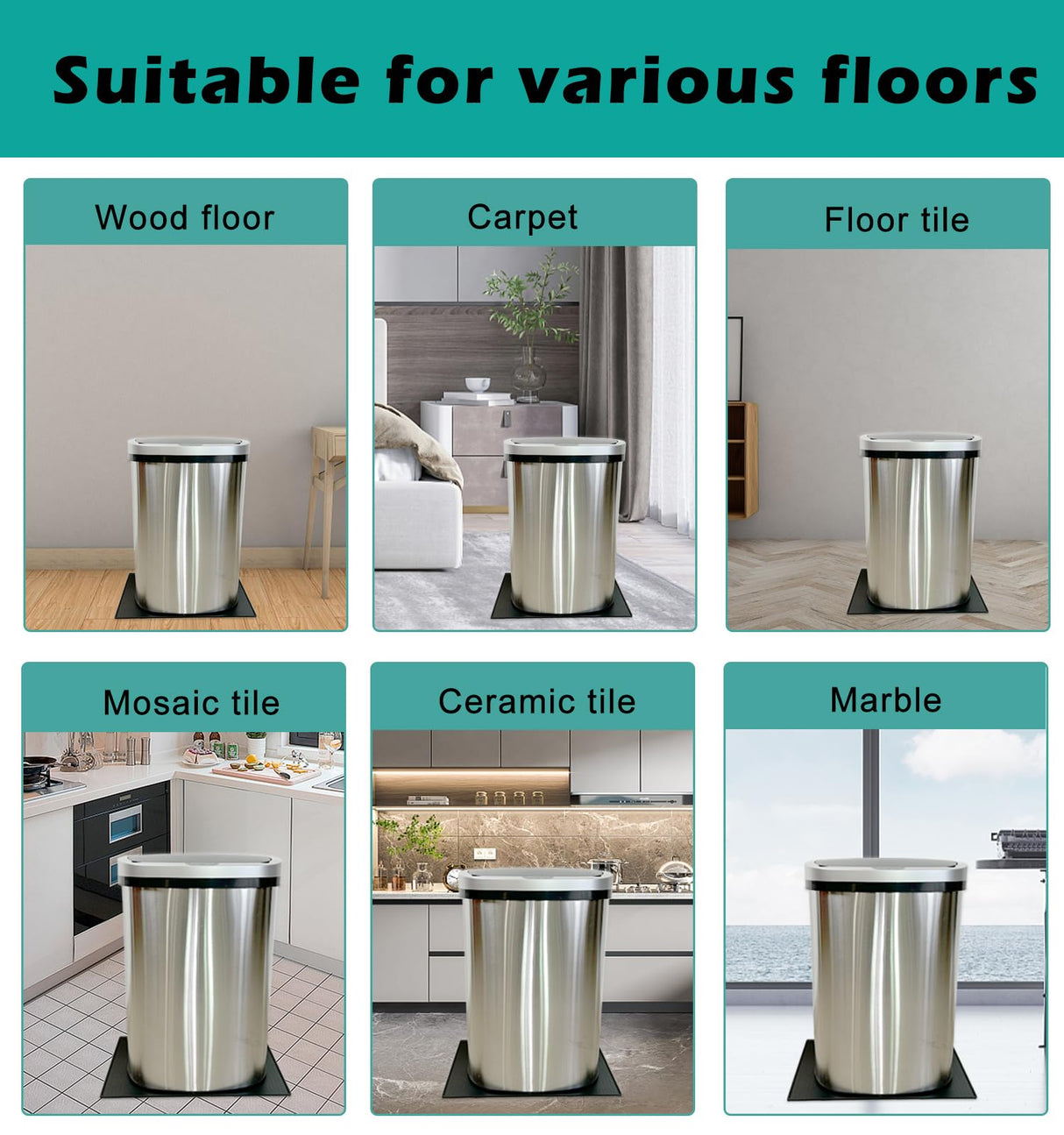 Trash Can Mat, Waterproof Raised Edge Silicone Under Garbage Can Mat, 11.8" X18.9" Non-Slip Trash Can Pad for Kitchen Office Bedroom Reduce Floor Carpet Wall Scratches, Black