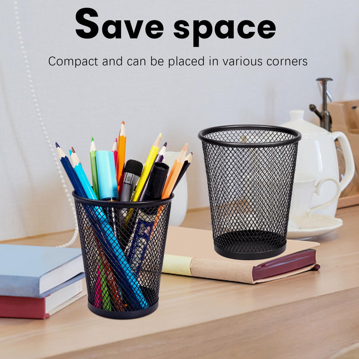 QYH Mesh Pencil Holder Metal Pen Cup Black for Desk, 6 Pack Office Desk Organizer for Business, School & Home