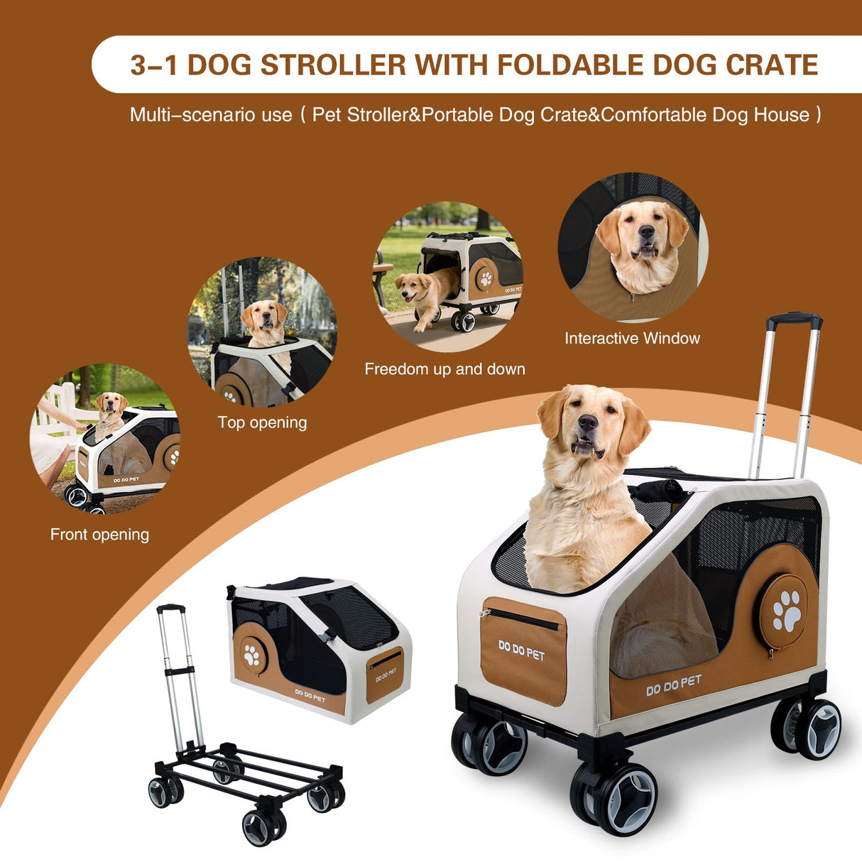 IronHaul 3-1 Dog Stroller for Medium Dogs,Collapsible Soft Dog Travel Crate with Metal Frame for Car Travel,Pet Stroller with Removable Carrier for Pets Up to70LBS(Orange)