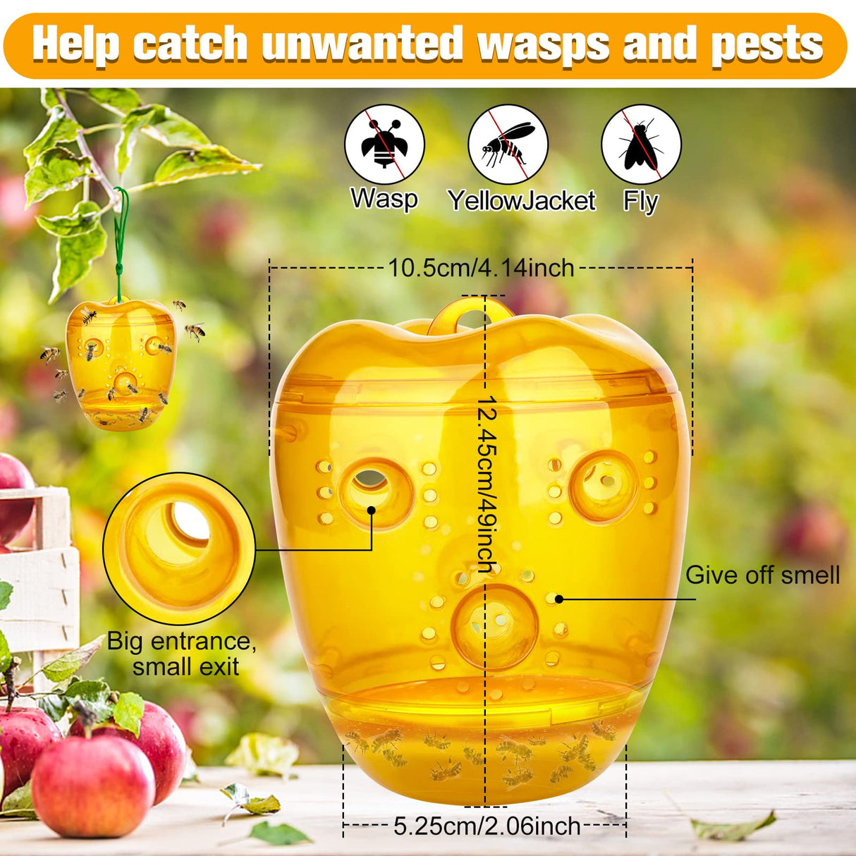 Wasp Traps Outdoor Hanging, Bee Traps Repellent Yellow Jacket Catchers Killer for Outside, Hornet Deterrent Non-Toxic Reusable Hanging Wasp Traps (Orange, 2 Pack)