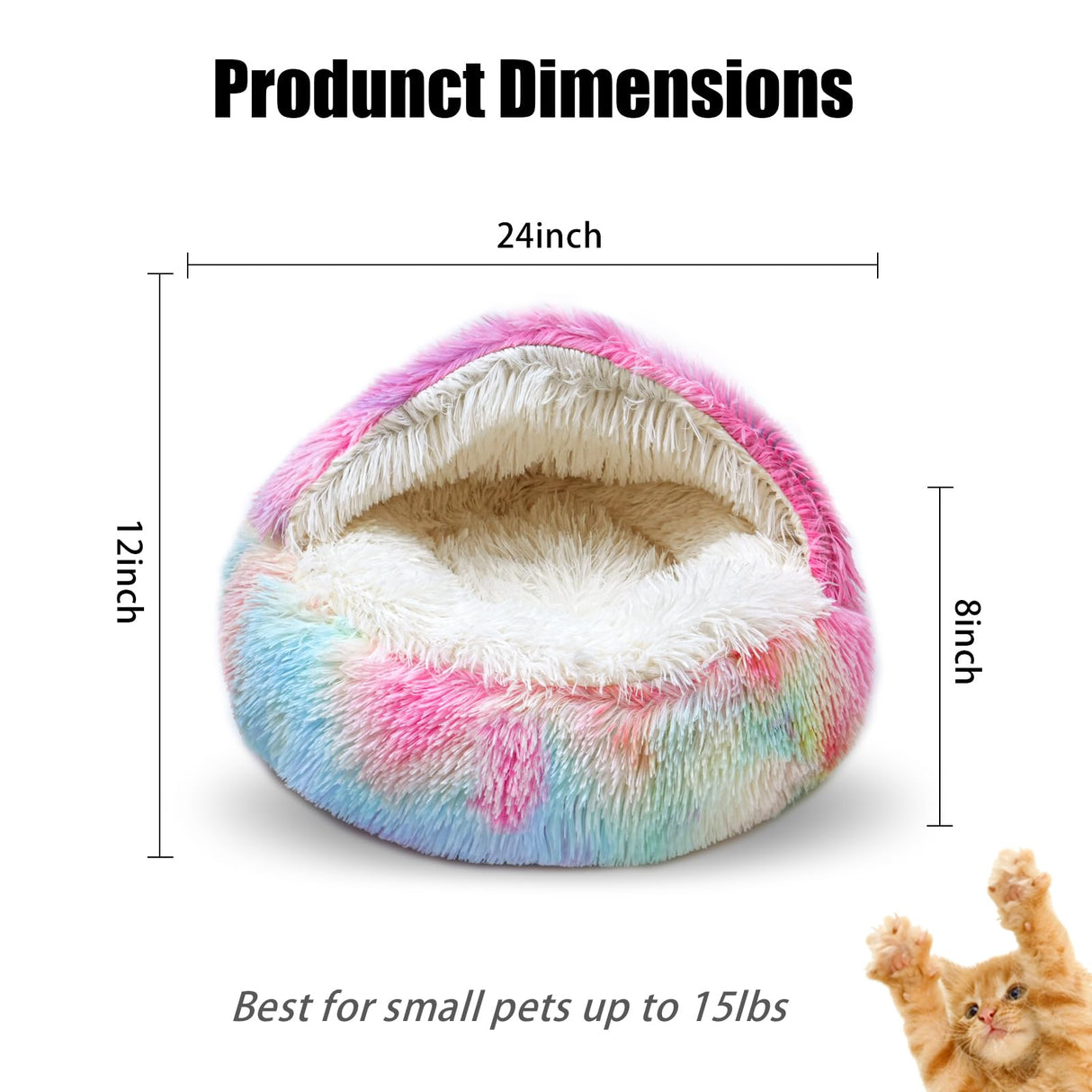 Dazzle Calming Dog & Cat Cave Bed with Washable, Anti-Slip Faux Fur Cover, Comfortable Warming Pet Bed for Small Medium Pets (24 * 24 inch)