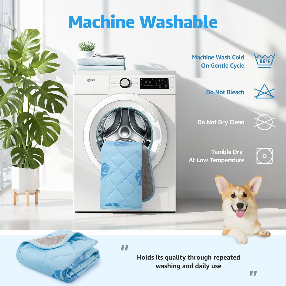 LOOBANI Dog Cooling Mat for Large Dogs - 56"x36" Pet Cooling Mat with Anti-Slip Bottom, Waterproof Self-Cooling Dog Pad for Crate, Floor & Car, Grey Monstera (Blue, 56"x36")