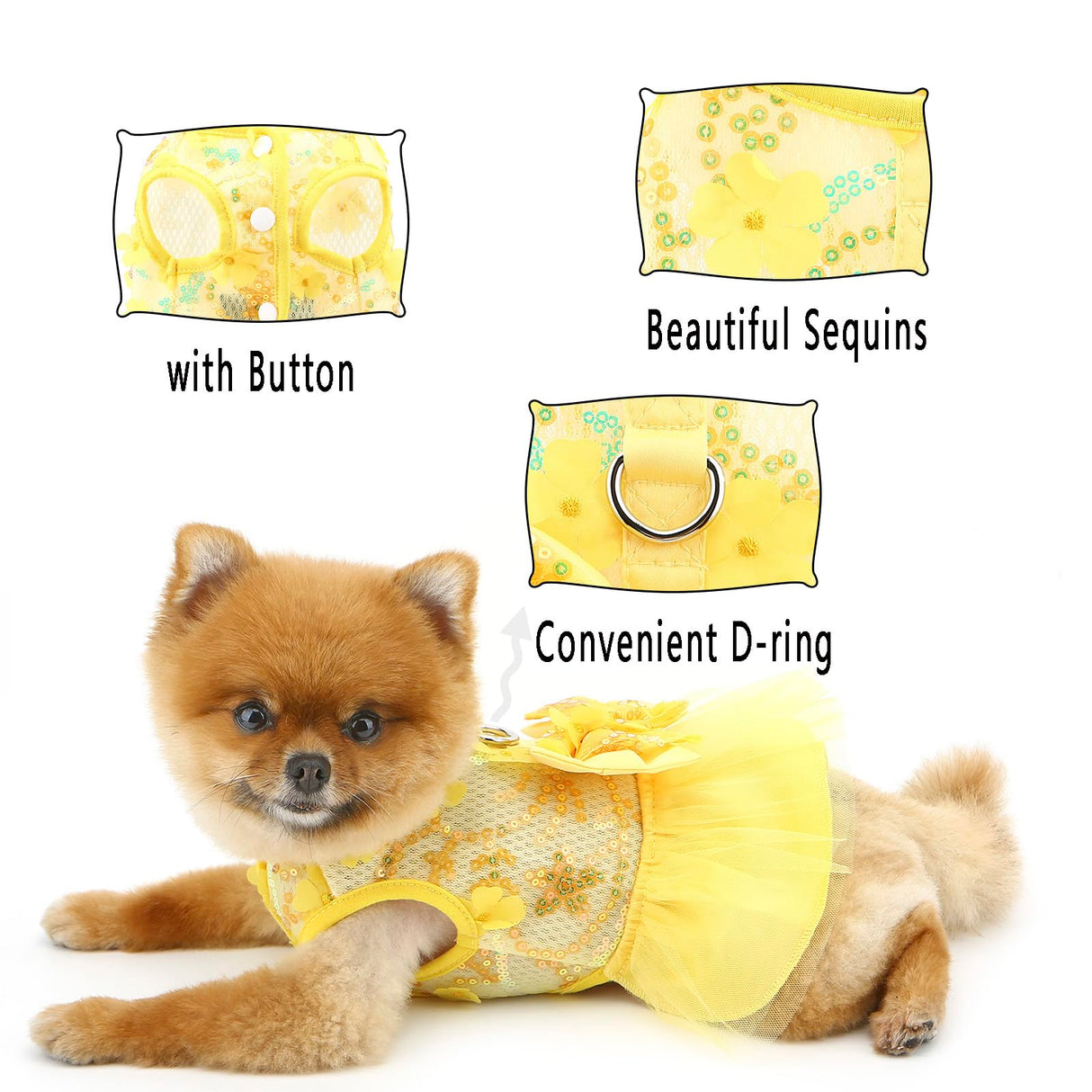 PAIDEFUL Dog Dress,Luxury Bow Princess Tutu Dresses for Girl Dogs Cute Fashion Mesh Pet Skirt with Sequins Flower Cat Puppy Clothes Wedding Party Outfits Chihuahua Apparel Button up D-Ring,Yellow,XL