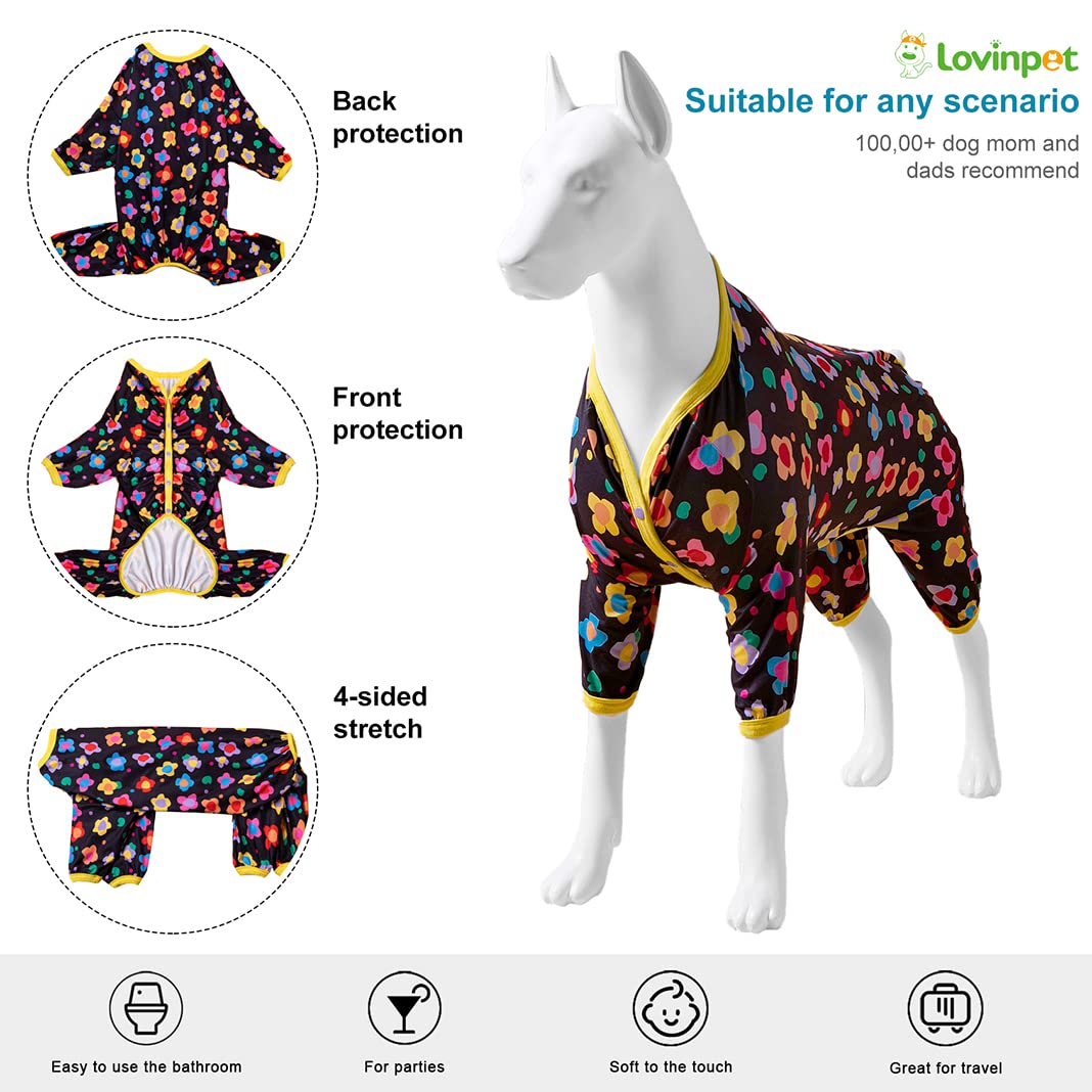 LovinPet Clothes for Labrador Pajama, Anxiety Calming Shirt,Anti Licking Dog Pajamas, Lightweight Fabric, Vintage Happy 2 Quilted Multi Print, Large Dog Pjs, Pitbull Clothes, Black Yellow M