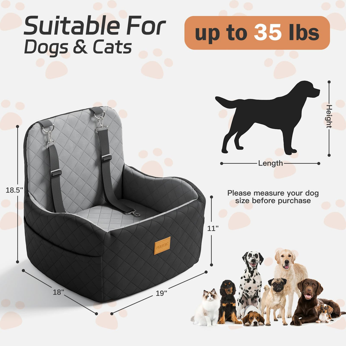 Dog Car Seat for Small/Medium Dogs Under 35lbs, Detachable & Washable Elevated Pet Travel Bed, 2 Storage Pockets & Safety Belt, Anti-Slip Base, Dog Booster Car Seat with Seamless Bottom Design