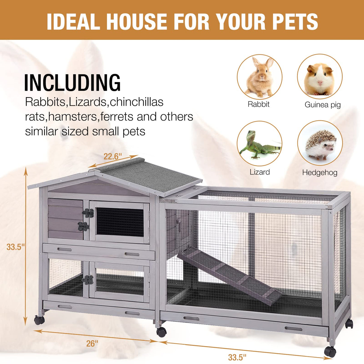 Bunny Cage Indoor and Outdoor Rabbit Hutch with Casters Waterproof Roof, Pull Out Tray from Back and Front 61.2" L x 22.6" W x 33.5" H