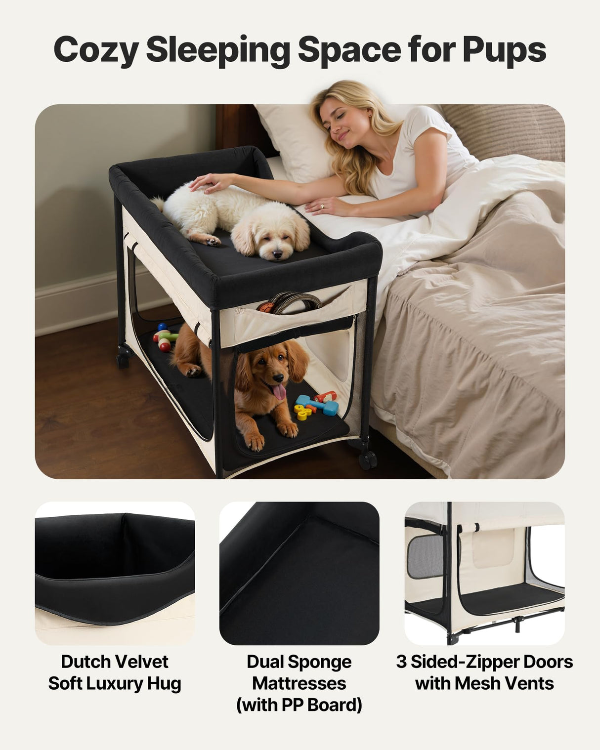 VEVOR Bedside Lounge Pet Bed, Foldable Bunk Dog Bed with 600D Oxford Cloth and Dutch Velvet, Portable Raised Cot with Wheels, Side Storage Bags, and Carry Bag for Cats & Dogs, L, Beige