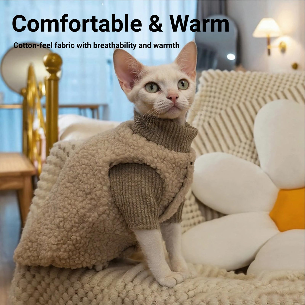Kinphony Cat Costume & Puppy Clothes 2-Piece Set, Soft Warm Lamb-Fleece Jacket & Breathable Knit Sweater for Small Dogs & Kittens, Size Large
