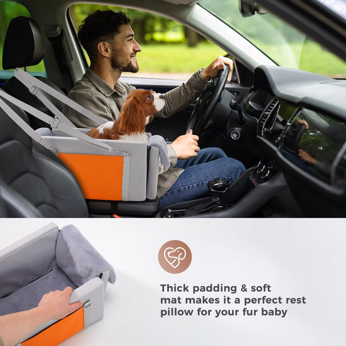 Avont Center Console Dog Car Seat with Double Protection Seat Belts, Armrest Middle Console Booster Travel Carrier for Small Dogs Cats with Storage Pockets, Well-cushioned, Anti-anxiety -Light Grey