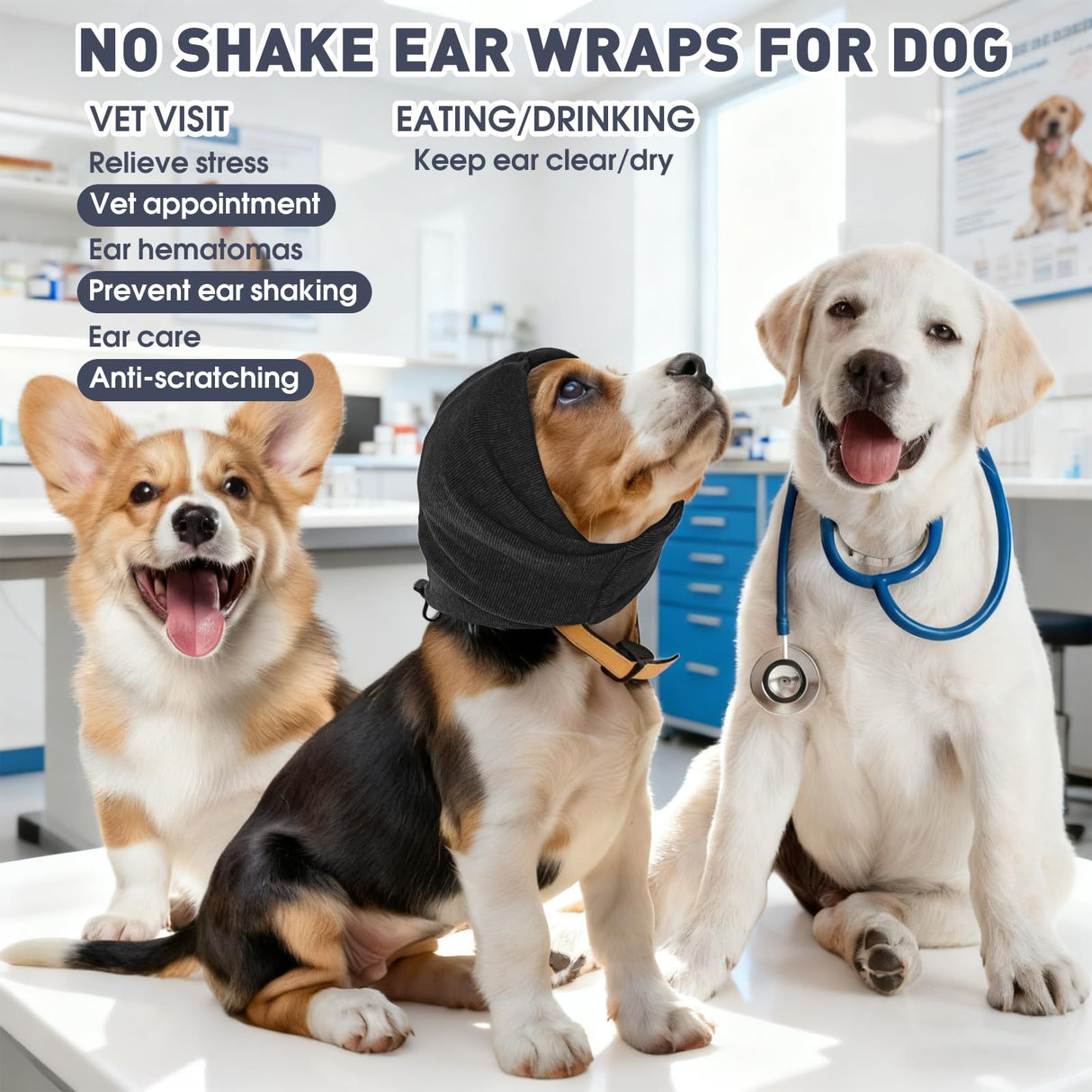 Pacify Dog Calming Hoodie, No Shake Ear Wraps for Dogs, Adjustable Dog Ear Muffs Head Wrap for Noise Reduction, Anxiety Relief, Grooming, Thunder, Hematoma (Black, M(Head Girth:14.6"-19.7"))