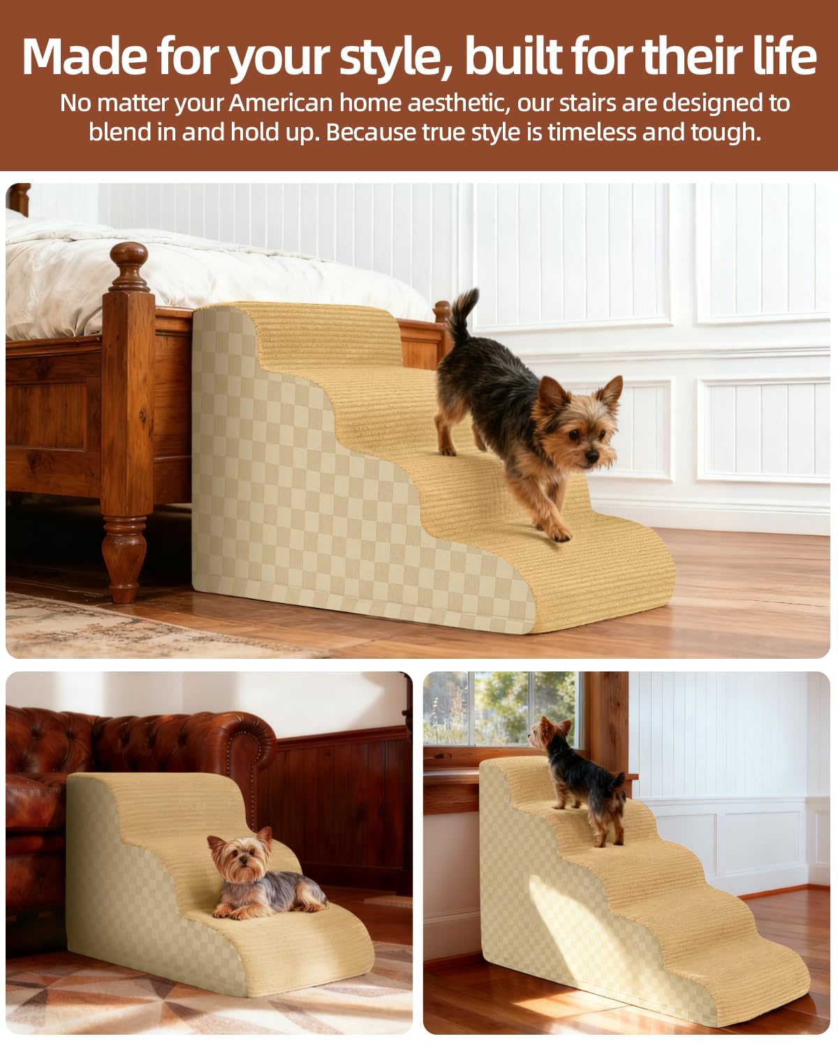 Dog Curved Stairs for High Beds 22" H, 5-Step Pet Stairs for Small Dogs with High Density Foam, Dog Slope Stairs with Durable Non-Slip Bottom Khaki
