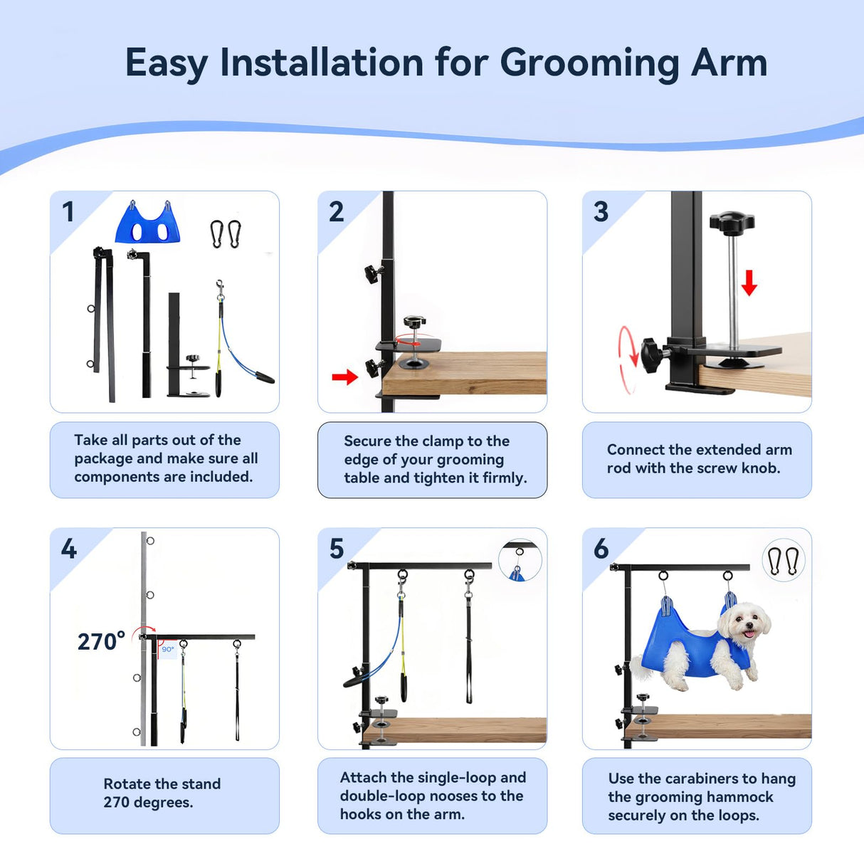 ZONEXCHIC Dog Grooming Arm with Pet Grooming Hammock, 27”-42” Adjustable Grooming Stand with No Sit Haunch Holders and Loop Noose, Grooming Restraint for Small and Medium at Home or Salon