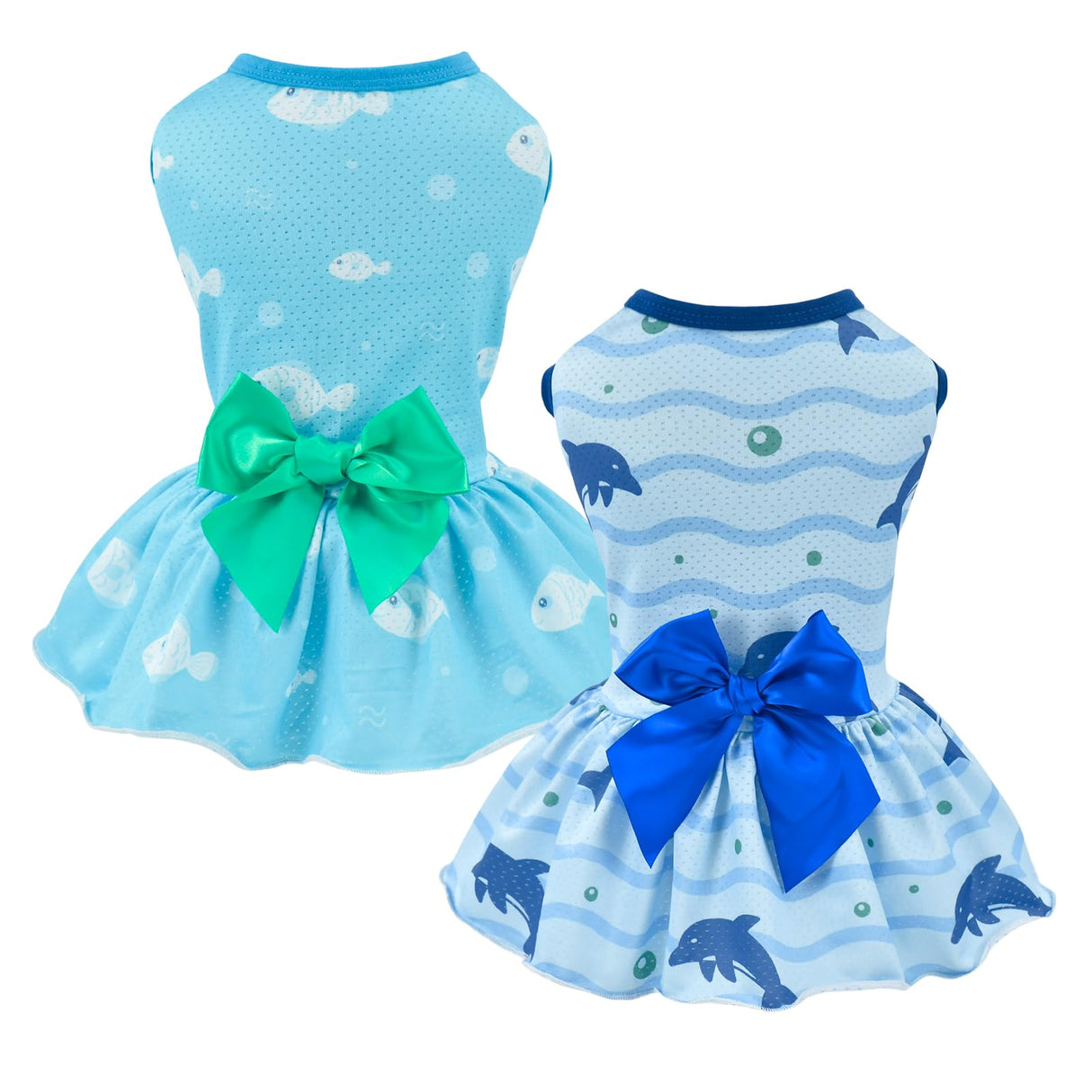 Vehomy 2-Pack Dog Summer Dress Breathable Puppy Cat Dresses with Bowknot Pet Summer Cool Outfits Skirts with Sea Fish Dolphin Patterns for Small Medium Dogs L
