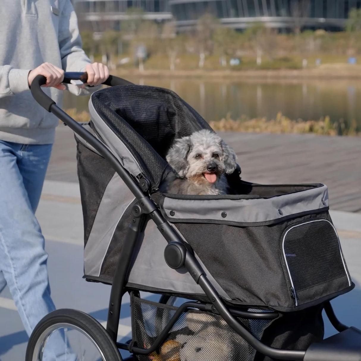 PawHut 3 Wheels Pet Stroller, Foldable Dog Stroller with Adjustable Canopy, Safety Tether, Cushion, Storage Basket, Portable Jogger for Small and Medium Dogs and Cats, Gray