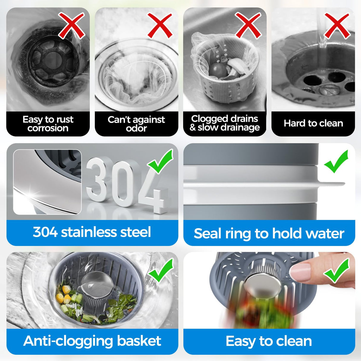 2 Pack Sink Drain Strainer, Sink Stopper, 3 in 1 Stainless Steel Kitchen Sink Drain Strainer with Anti-Clogging Basket, Fit US Standard 3-1/2 Inch Drain Hole