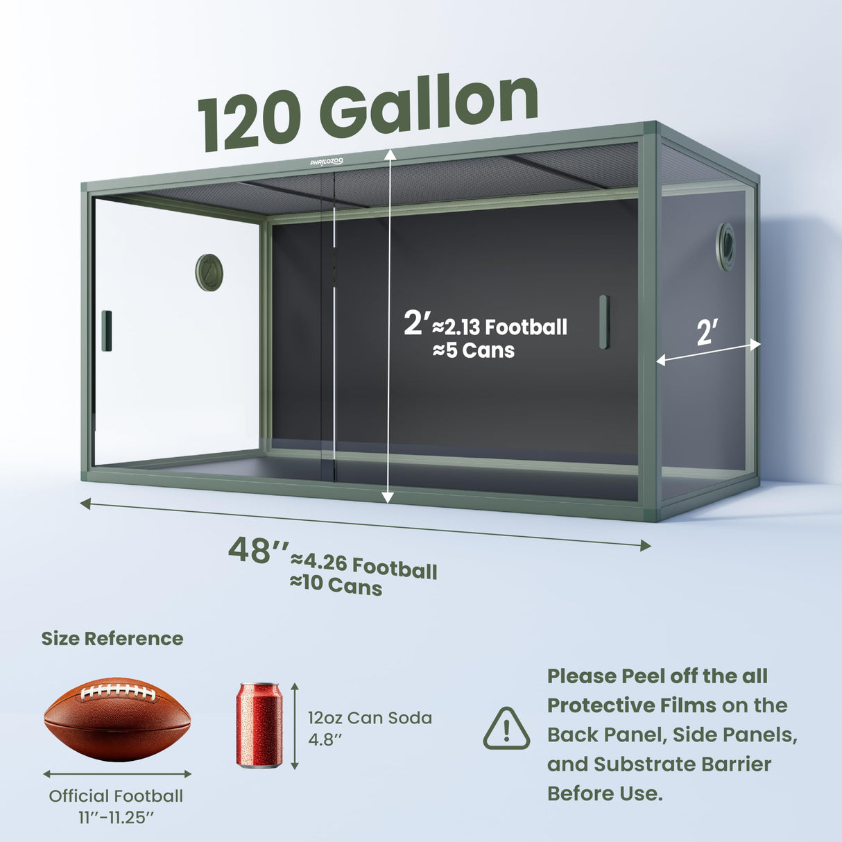 Phailozoo 120 Gallon Bearded Dragon Tank,48" x 24" x 24" Reptile Tank with Sliding Door Top Screen Ventilation, Front Opening Reptile Enclosure for Easy Maintenance