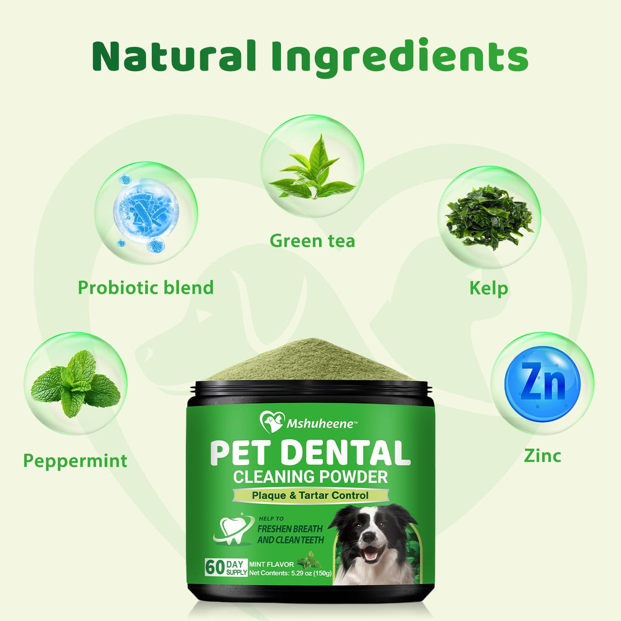 Dog Dental Powder, Dog Teeth Cleaning Powder Dog Breath Freshener with Natural Herbal Blend + Probiotics, Dogs Bad Breath Plaque Off Tartar Remover for Teeth Pet Tooth Cleaning, Mint, 60-Day Supply